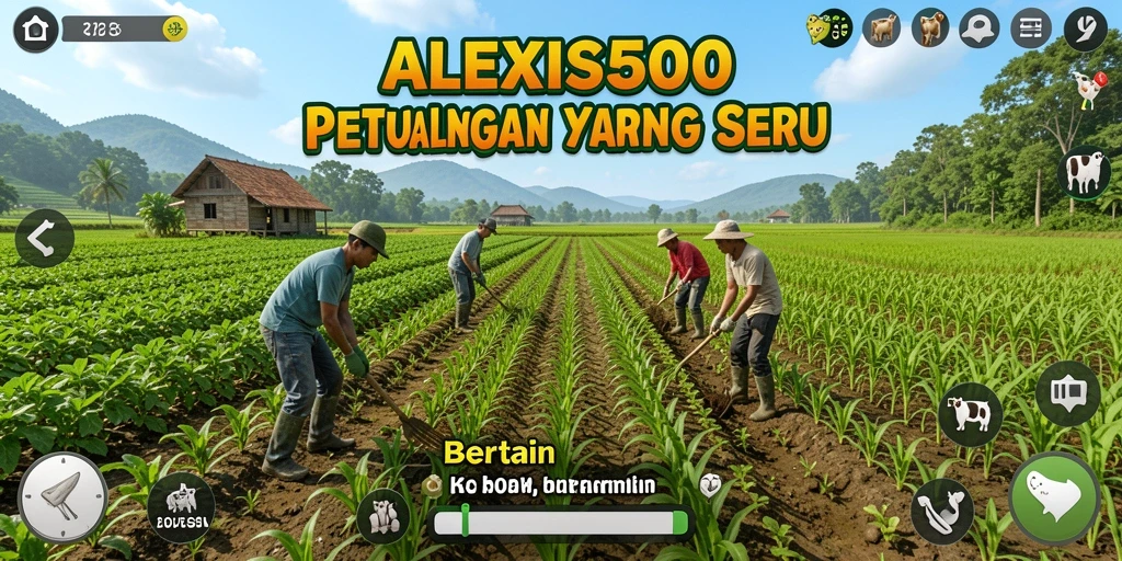Tampilan antarmuka permainan ALEXIS500 dengan pemandangan pertanian yang indah.